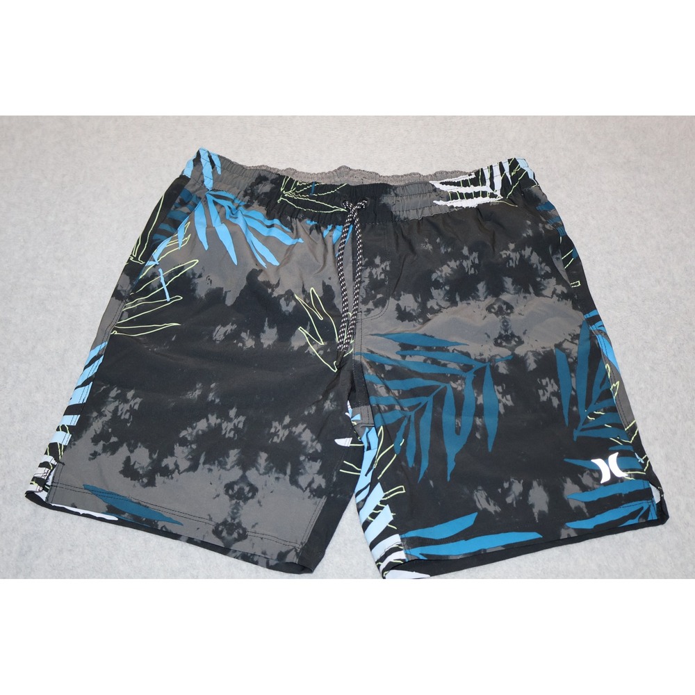 Hurley Swim Trunks Mens Medium Black Gray Blue Tie Dye Palm Leaf Board Shorts
